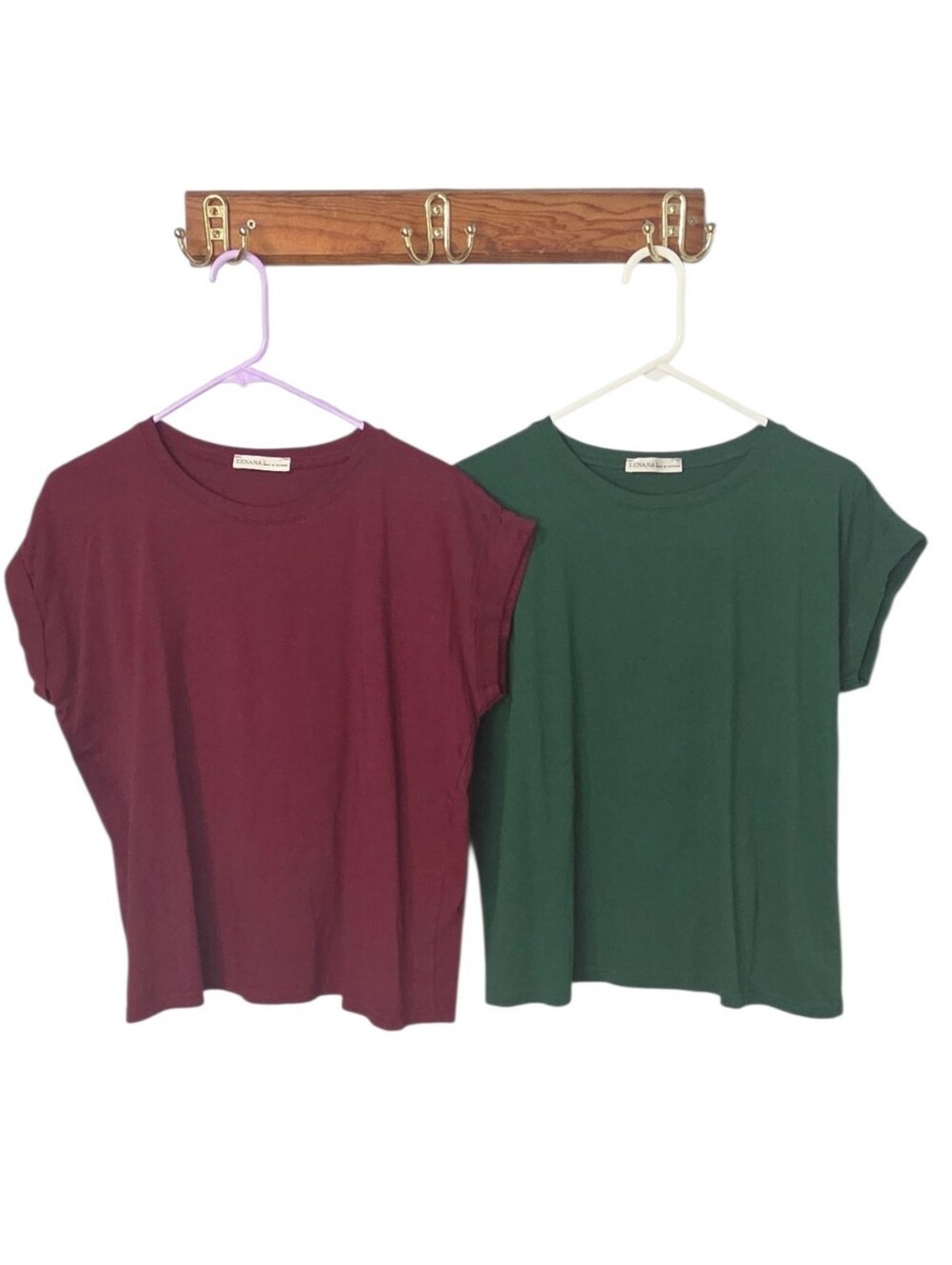 Zenana Outfitters 2-Pack Tees L Hunter Green Burgundy Cotton Crew Neck Fall